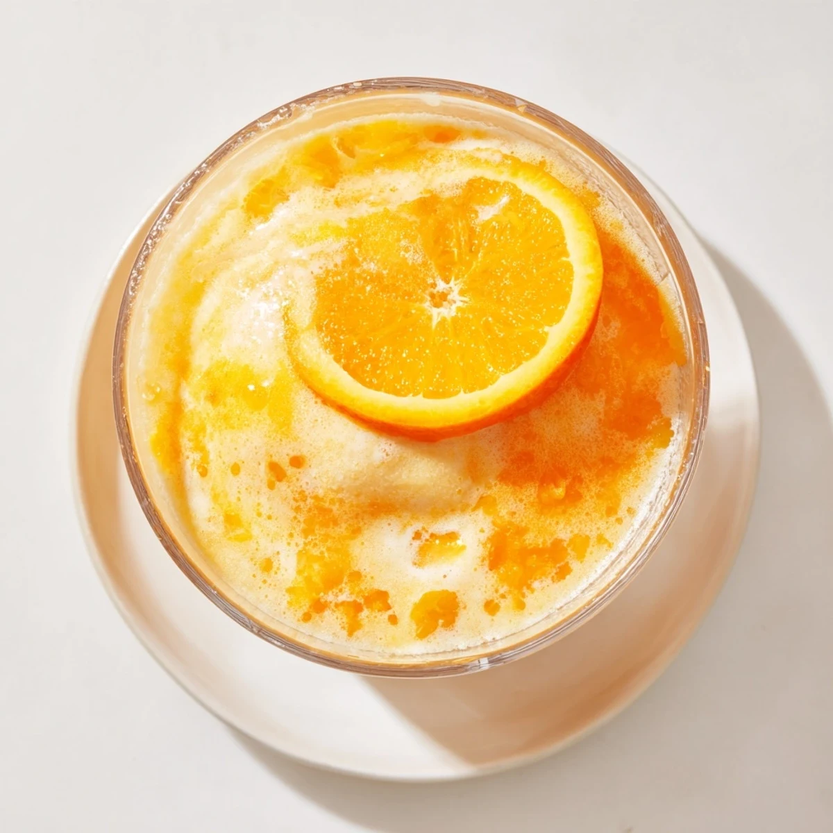 Creamy orange slush drink with vanilla swirls served in chilled glass with mint garnish