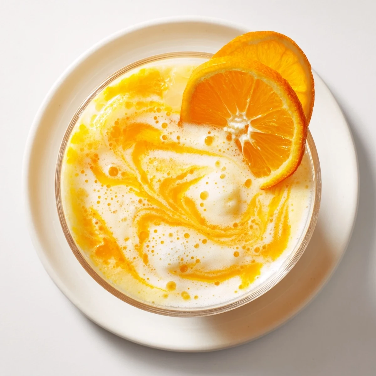 Frozen orange cream slush featuring bright citrus color and velvety vanilla texture in clear glass
