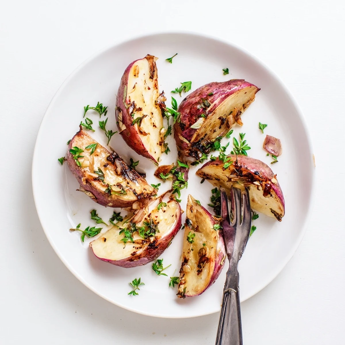 Golden brown garlic roasted radishes arranged on a white serving plate, garnished with fresh green parsley