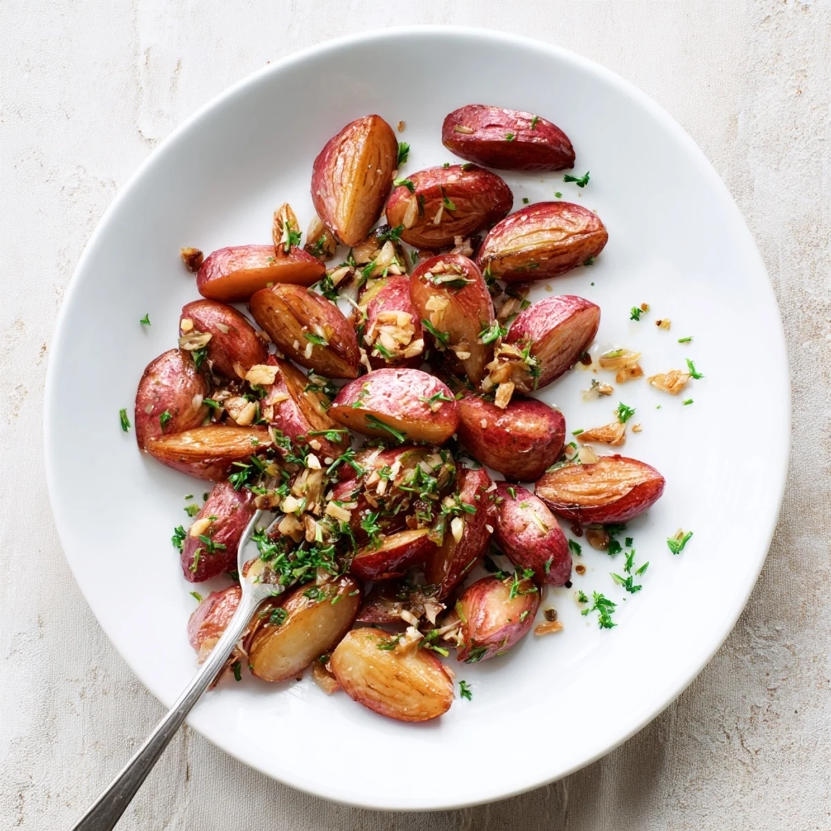 Savory caramelized garlic roasted radishes served warm in a rustic white bowl as a healthy side dish