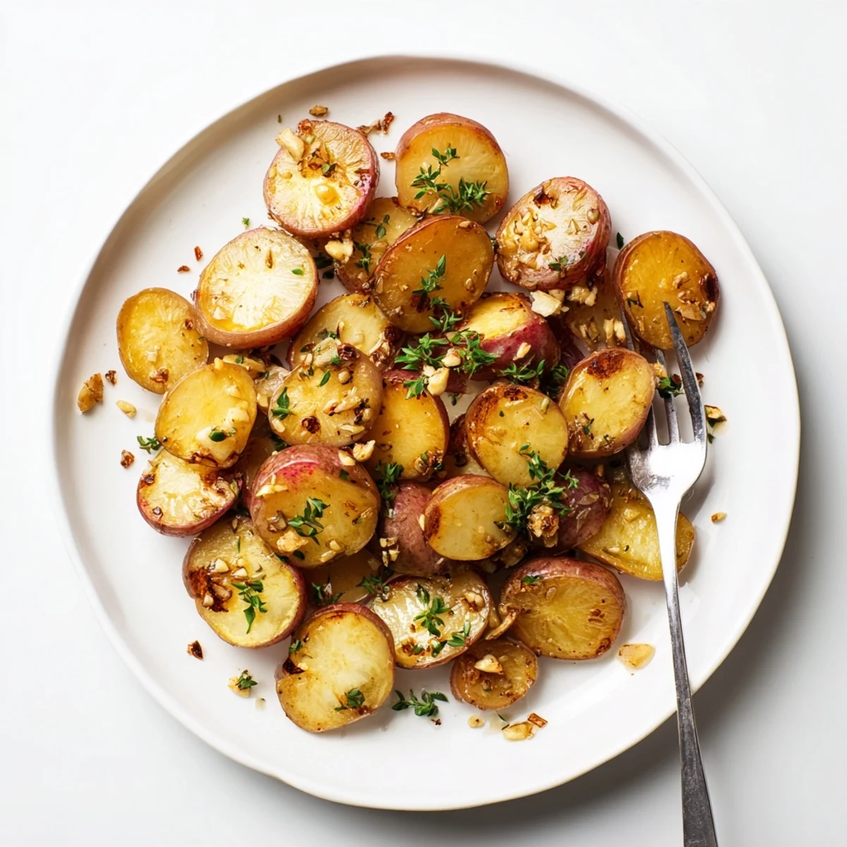 Tender halved radishes roasted with minced garlic and dried thyme on a parchment-lined baking sheet