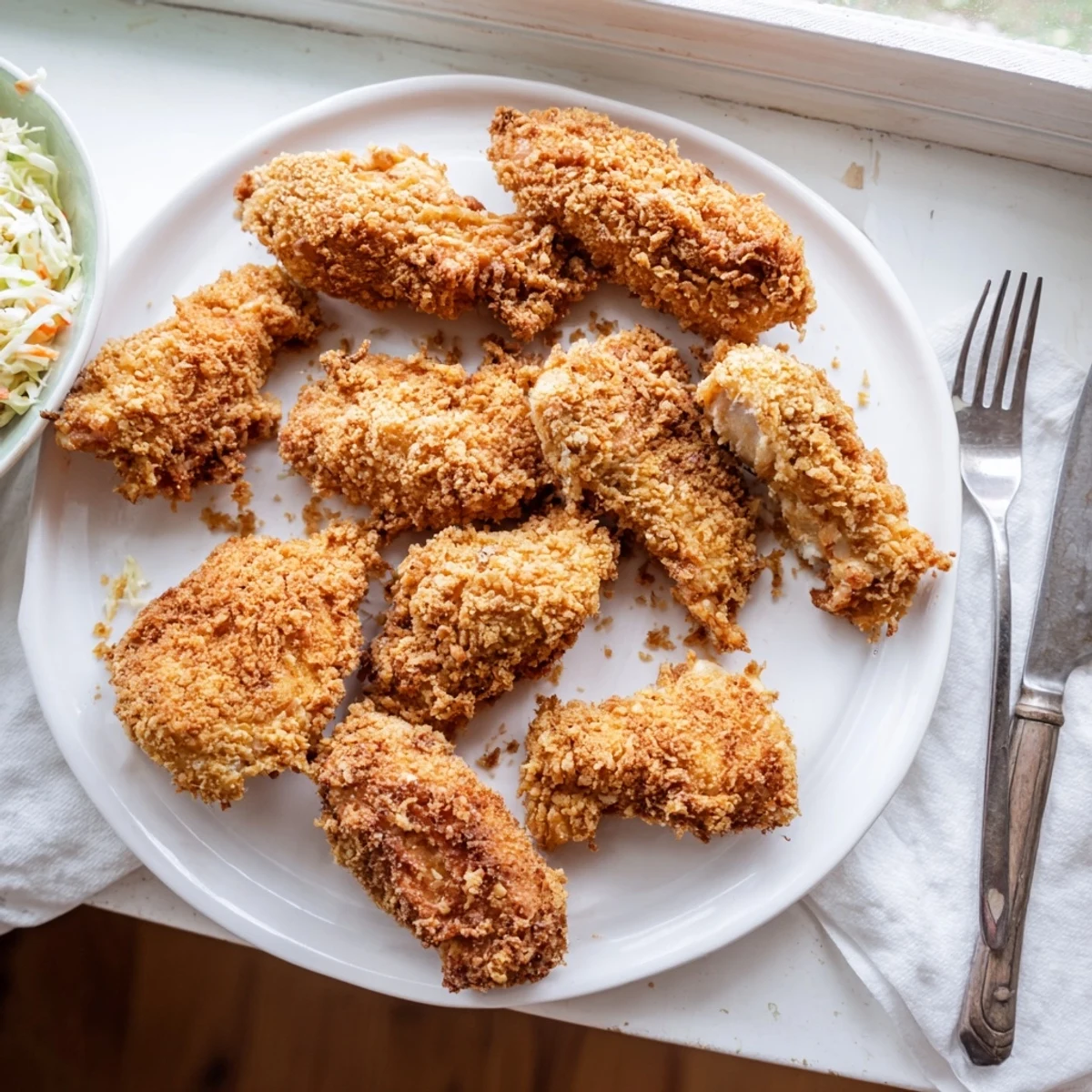 Golden fried chicken breast with crispy panko breadcrumb coating on white plate