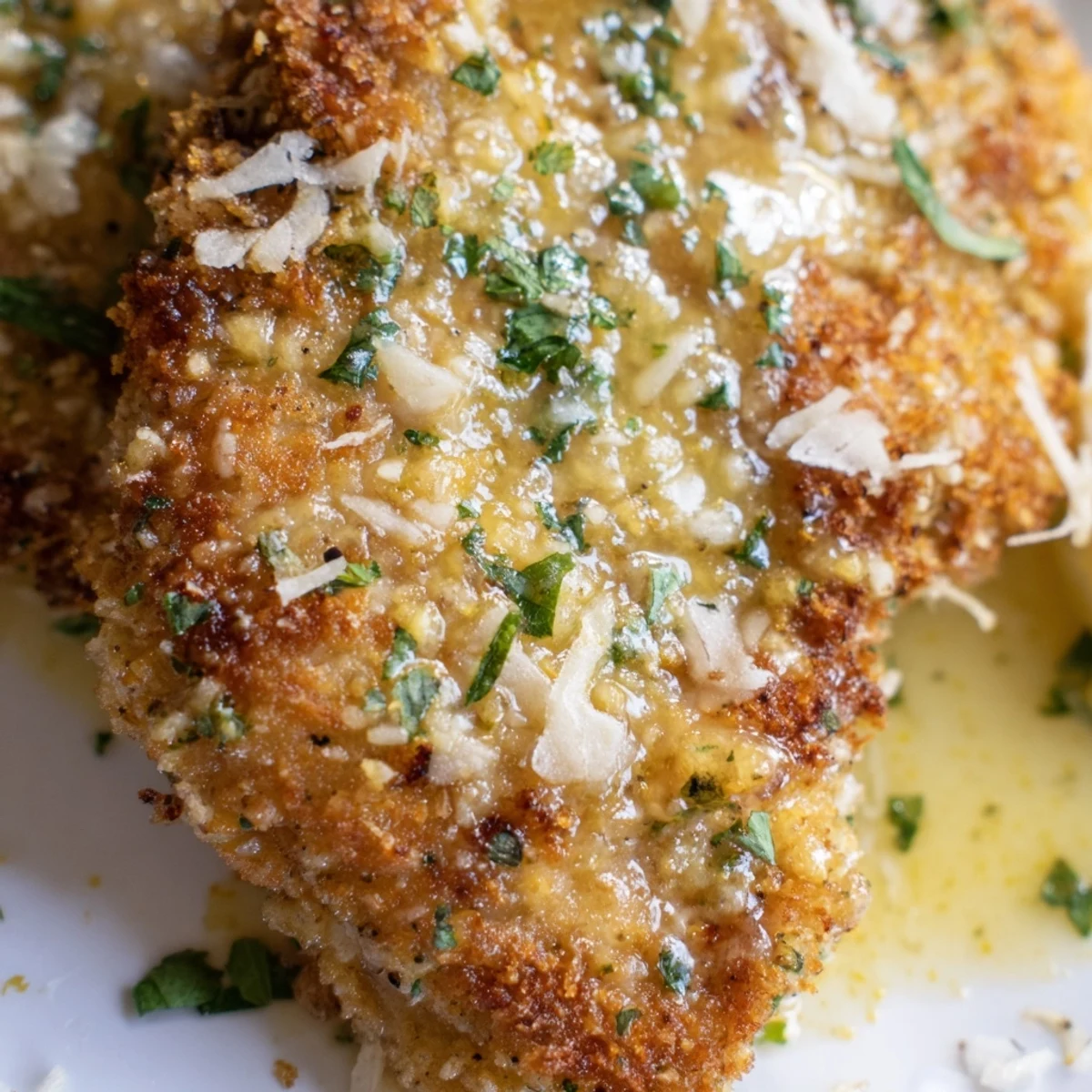 Golden crispy Lemon Chicken Romano plated with light lemon garlic sauce and fresh parsley garnish