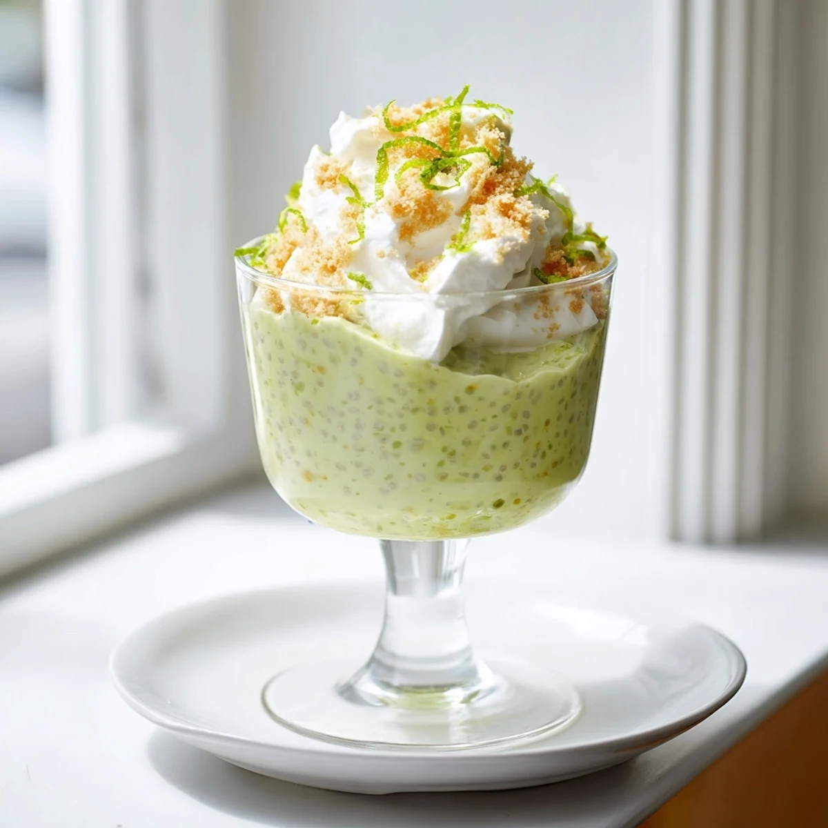 Creamy key lime chia pudding topped with coconut whipped cream and fresh lime zest in a clear glass jar