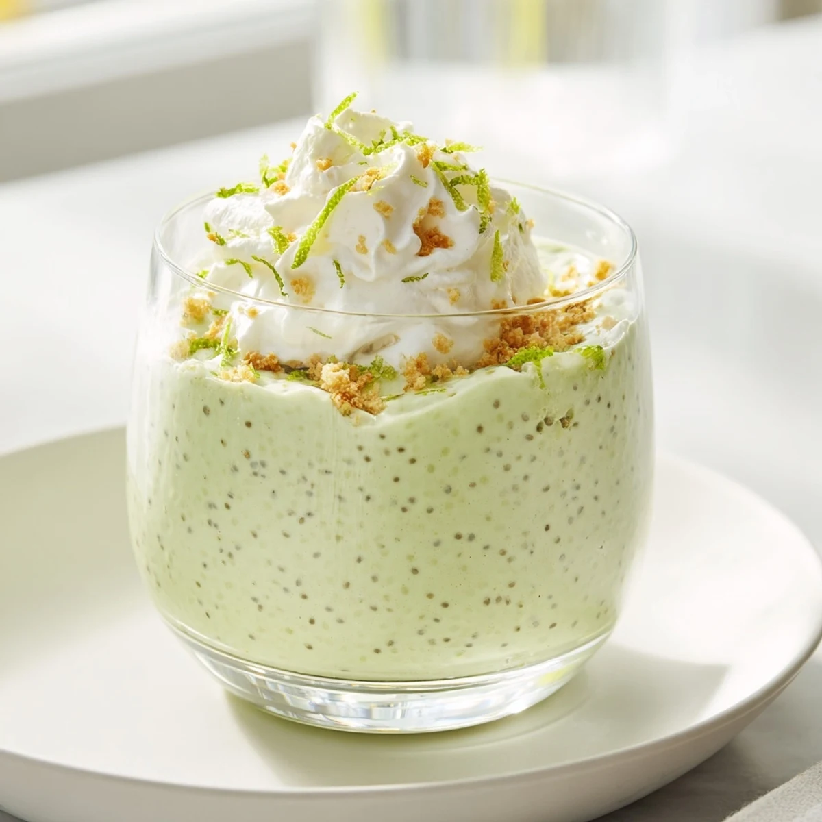 Zesty key lime chia pudding layered with crushed graham crackers and garnished with a bright green lime slice on top