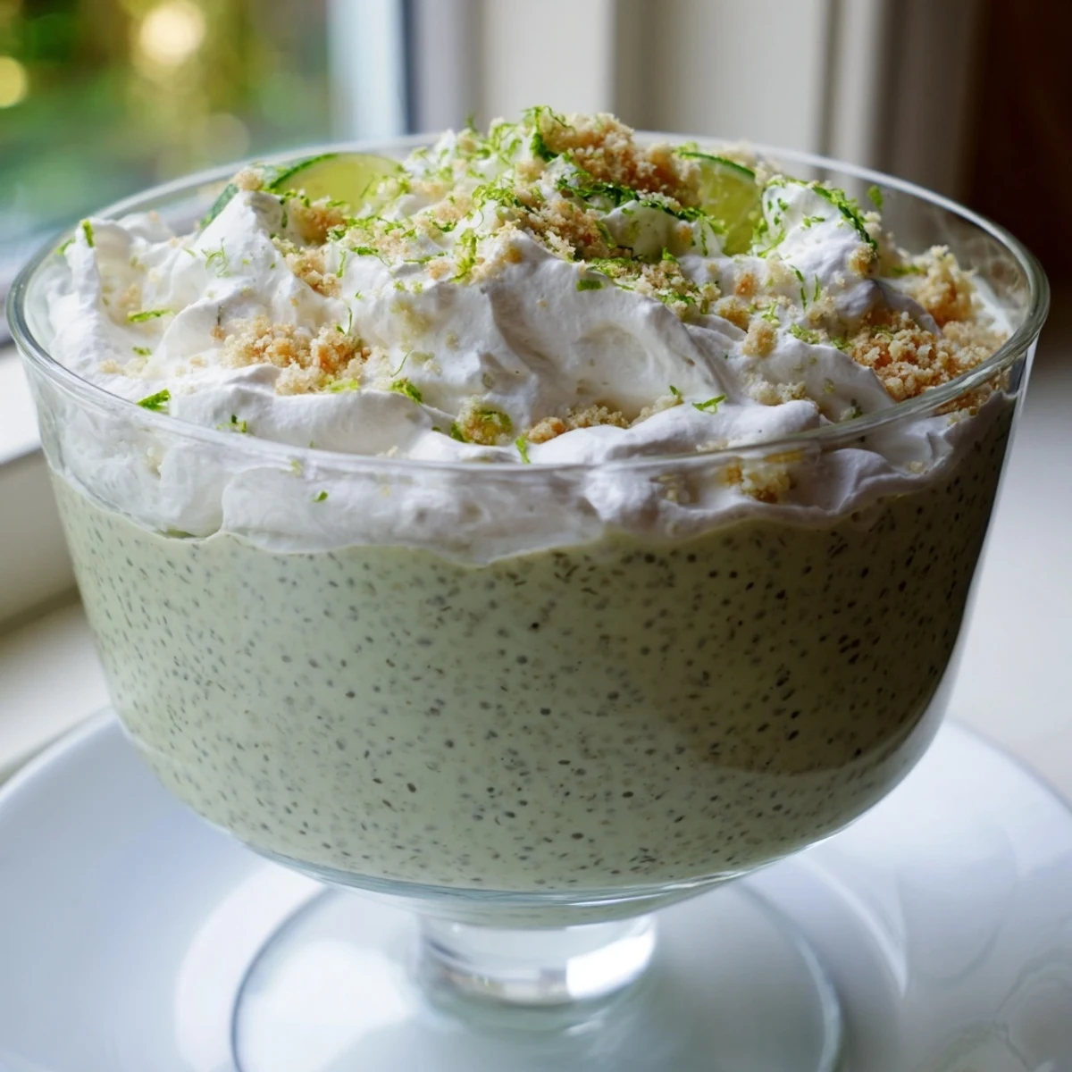 Vegan key lime chia pudding served chilled with fresh lime zest swirl and creamy coconut milk texture visible in the bowl