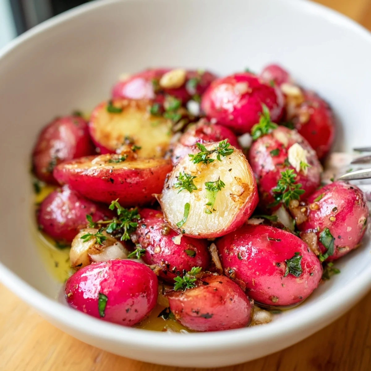 Garlic Roasted Radishes on parchment, golden edges and tender, garlicky aroma.