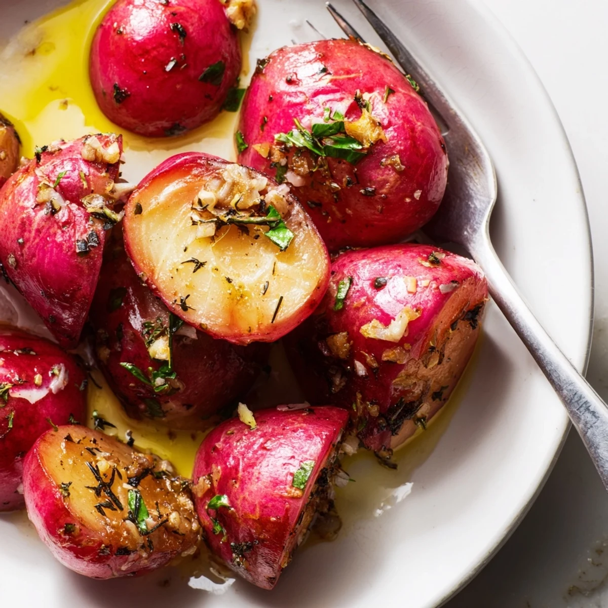Warm bowl of vibrant vegetables: Garlic Roasted Radishes with bright parsley.