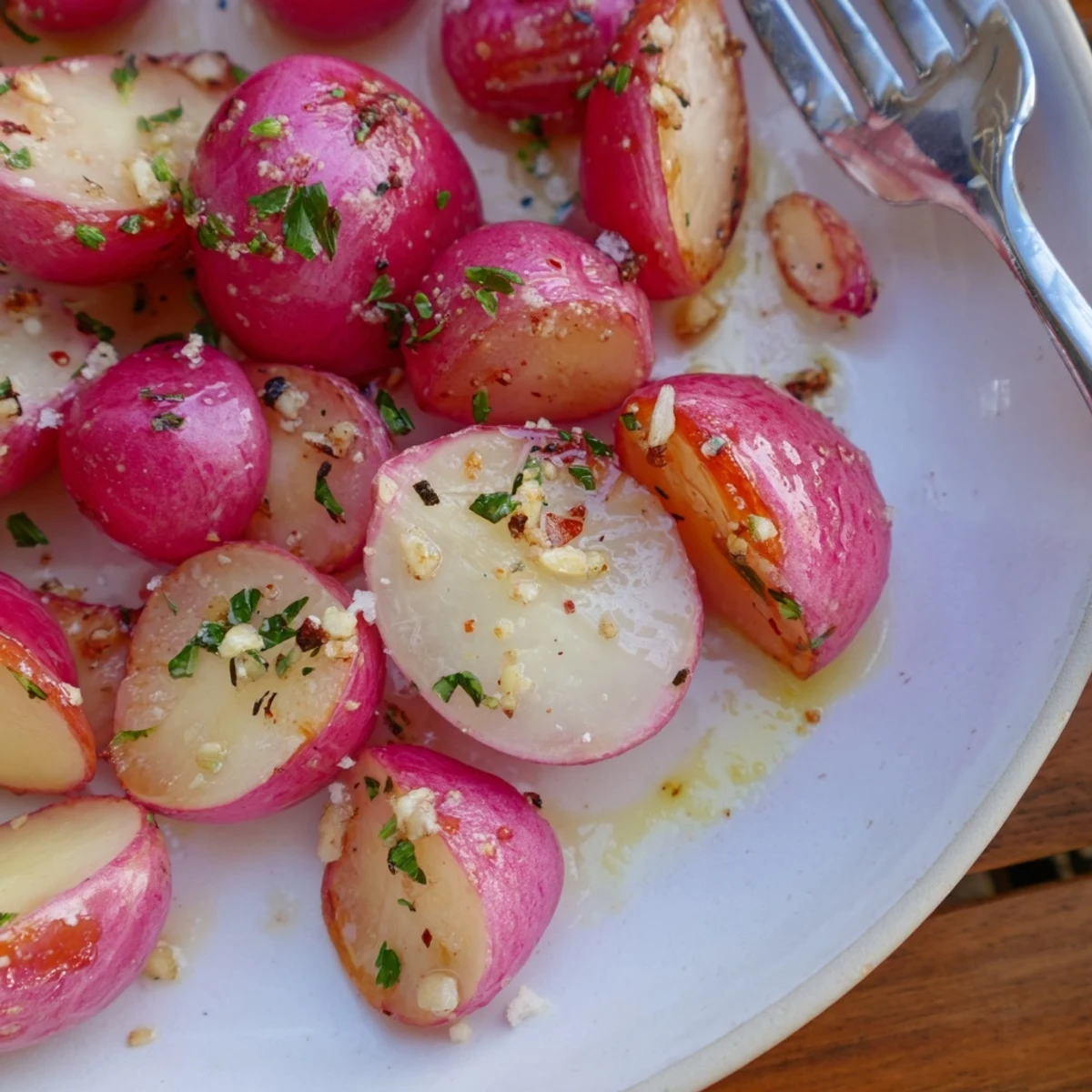Golden, garlic-scented rounds with crisp-tender centers — Garlic Roasted Radishes.