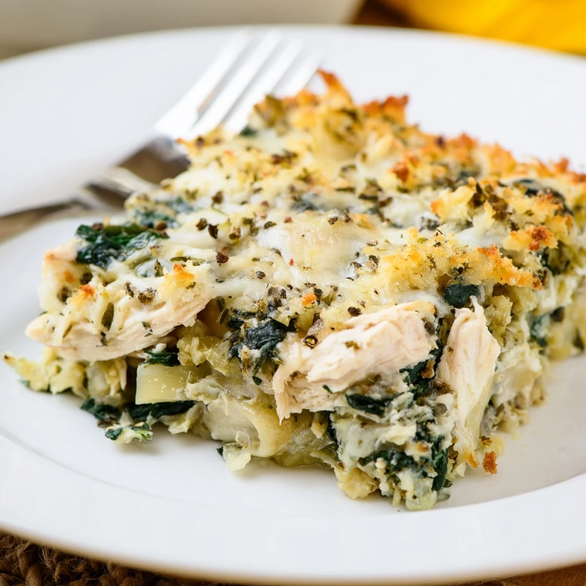 Creamy Spinach Artichoke Chicken Casserole with tender shredded chicken, herbed breadcrumb crust