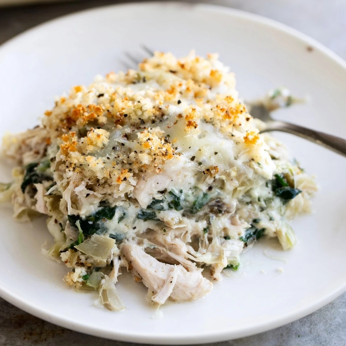 Spinach Artichoke Chicken Casserole bubbling golden, cheesy top, steam rising, fork ready
