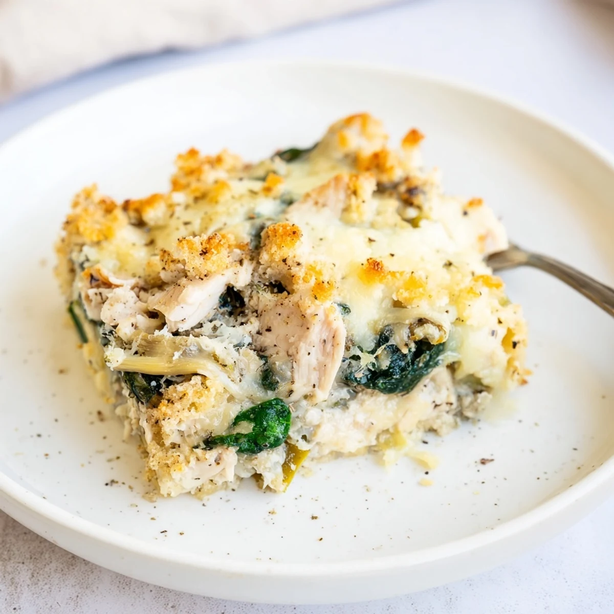Family-style Spinach Artichoke Chicken Casserole spoonful showing creamy spinach, melted cheese