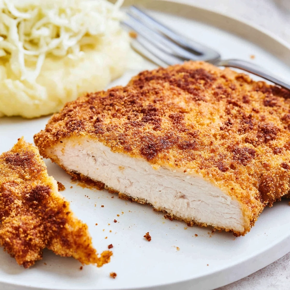 Golden, crispy Fried Chicken Breast resting on paper towels, steam rising