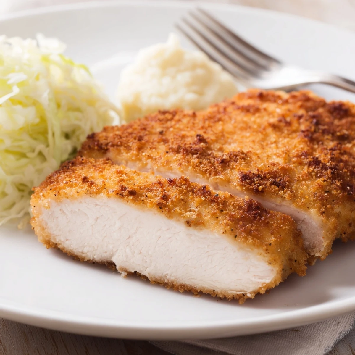 Buttermilk-marinated Fried Chicken Breast sliced beside creamy mashed potatoes