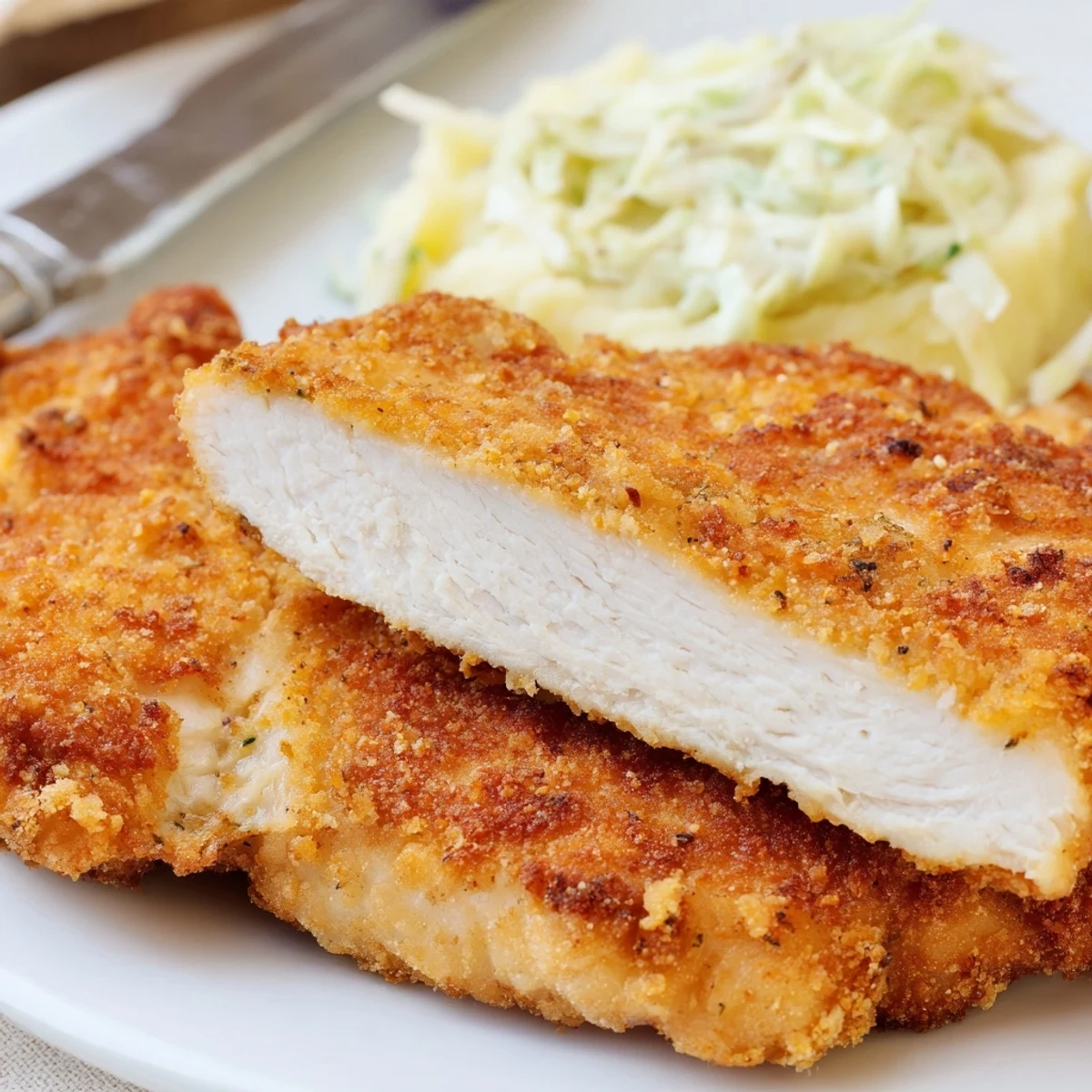 Crunchy, seasoned Fried Chicken Breast served hot with tangy coleslaw