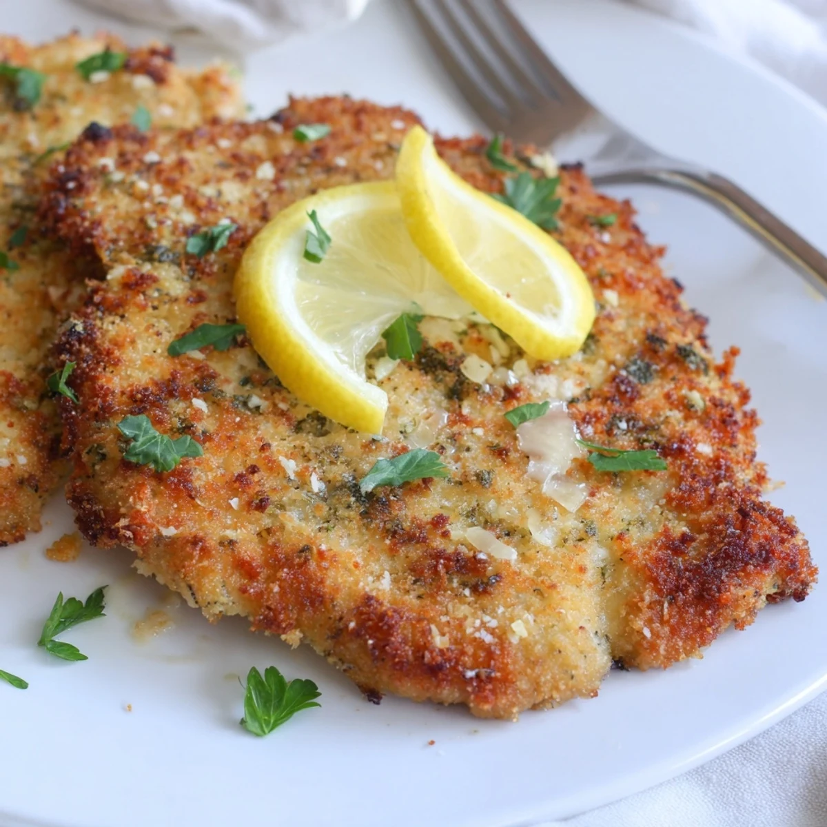 Crisp, golden Lemon Chicken Romano resting on lemon slices, parsley garnish