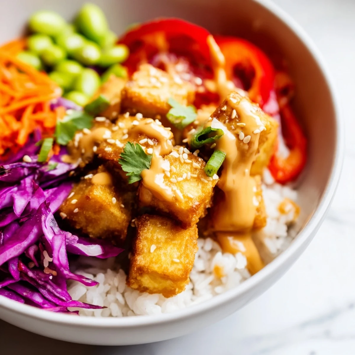 Crispy golden tofu rice bowl with peanut sauce drizzled over fresh colorful vegetables
