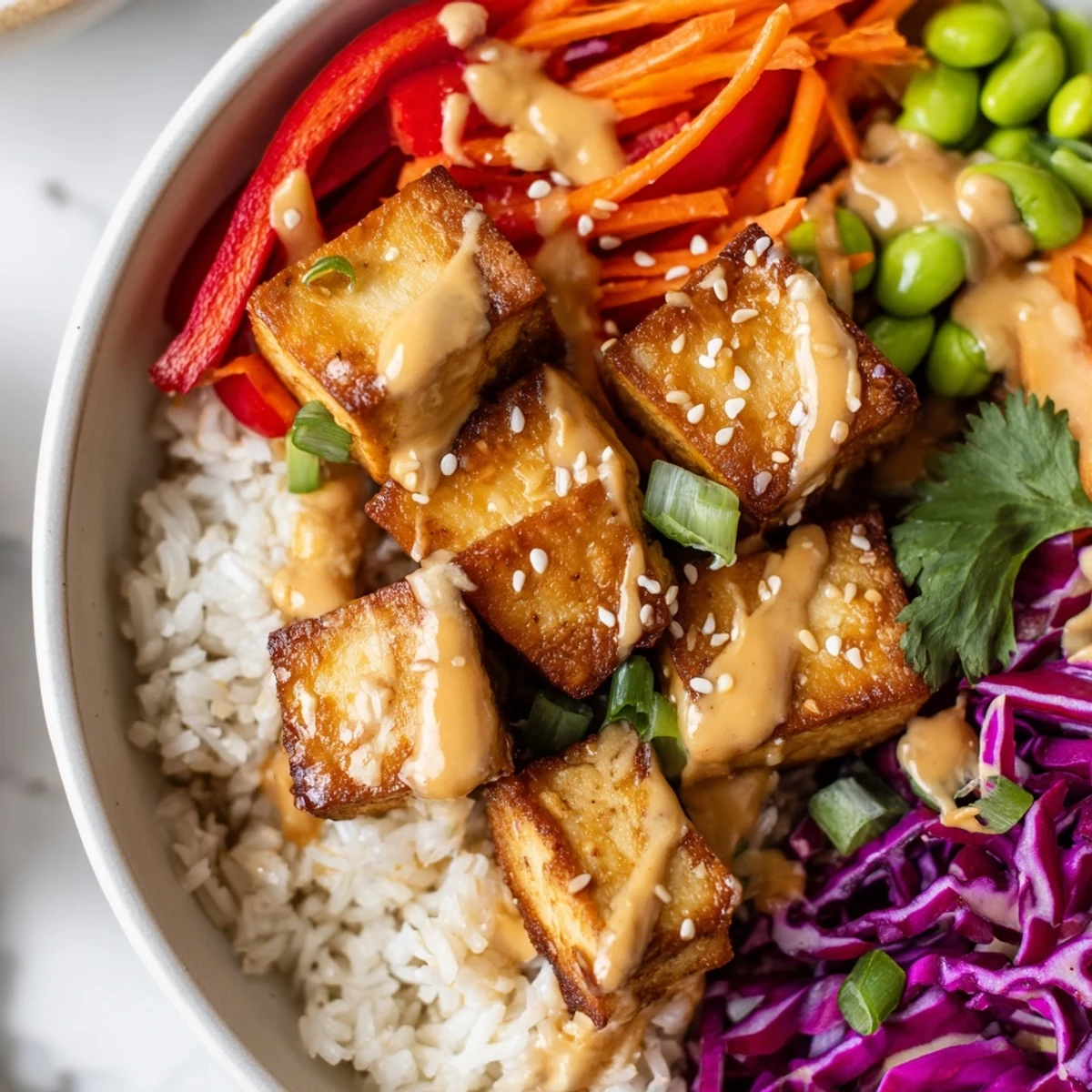 Tofu rice bowl with peanut sauce featuring crunchy cabbage carrots and edamame