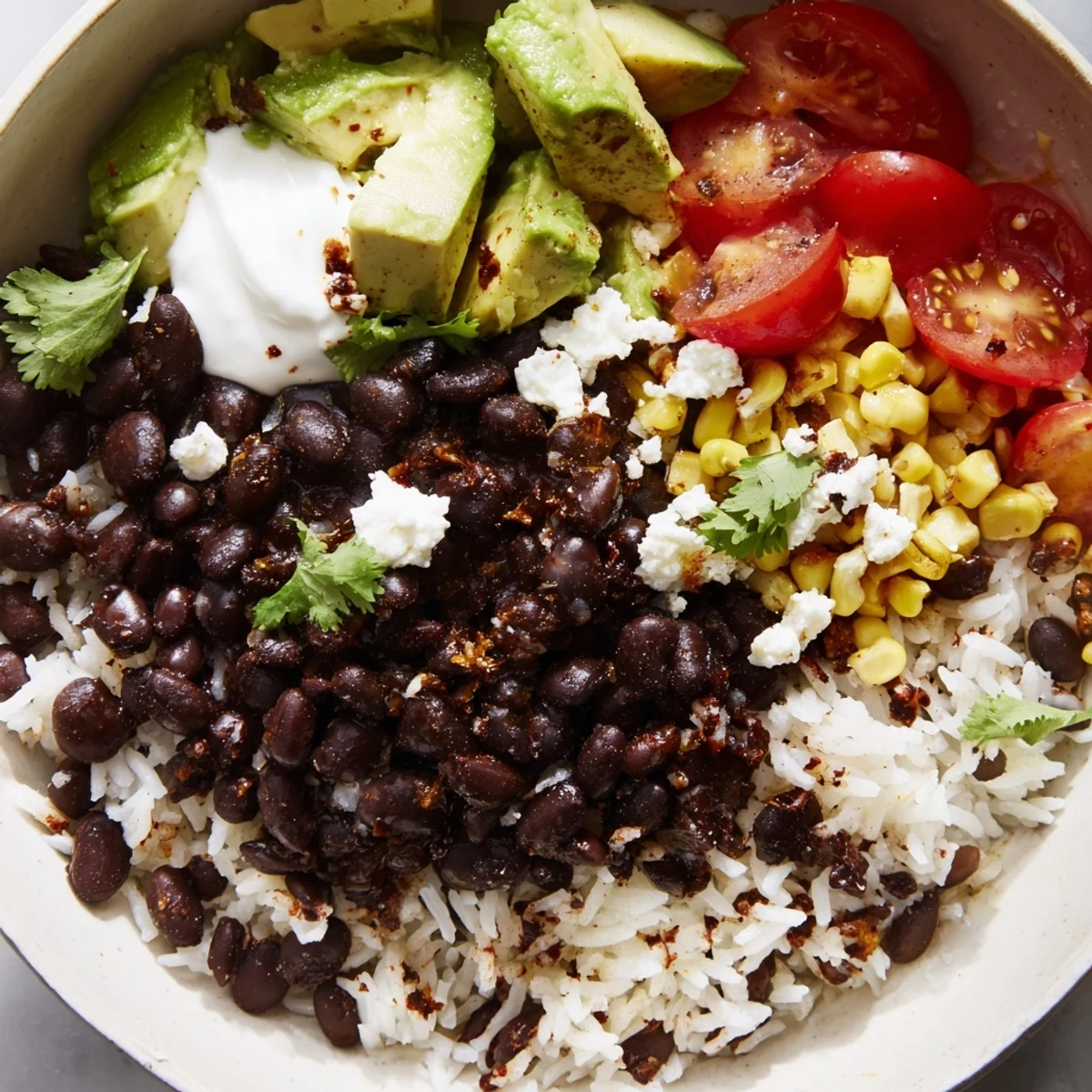 Steaming black bean and rice bowl topped with vivid avocado and tomatoes