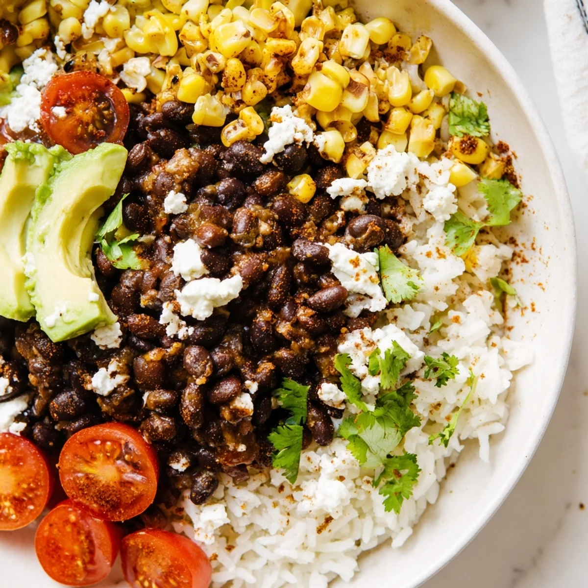 Hearty black bean and rice bowl garnished with cilantro and lime wedges