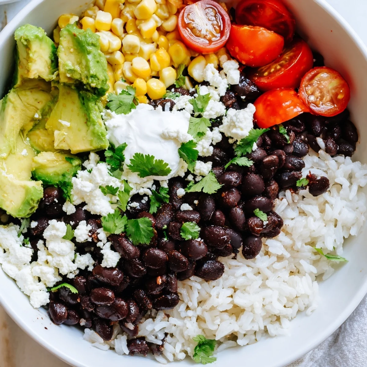 Colorful black bean and rice bowl served with corn and crumbled queso fresco