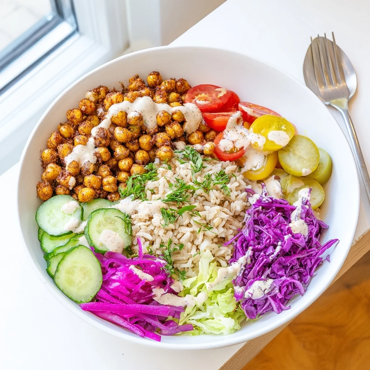 Colorful chickpea shawarma bowl loaded with fresh veggies pickles and a rich tahini sauce