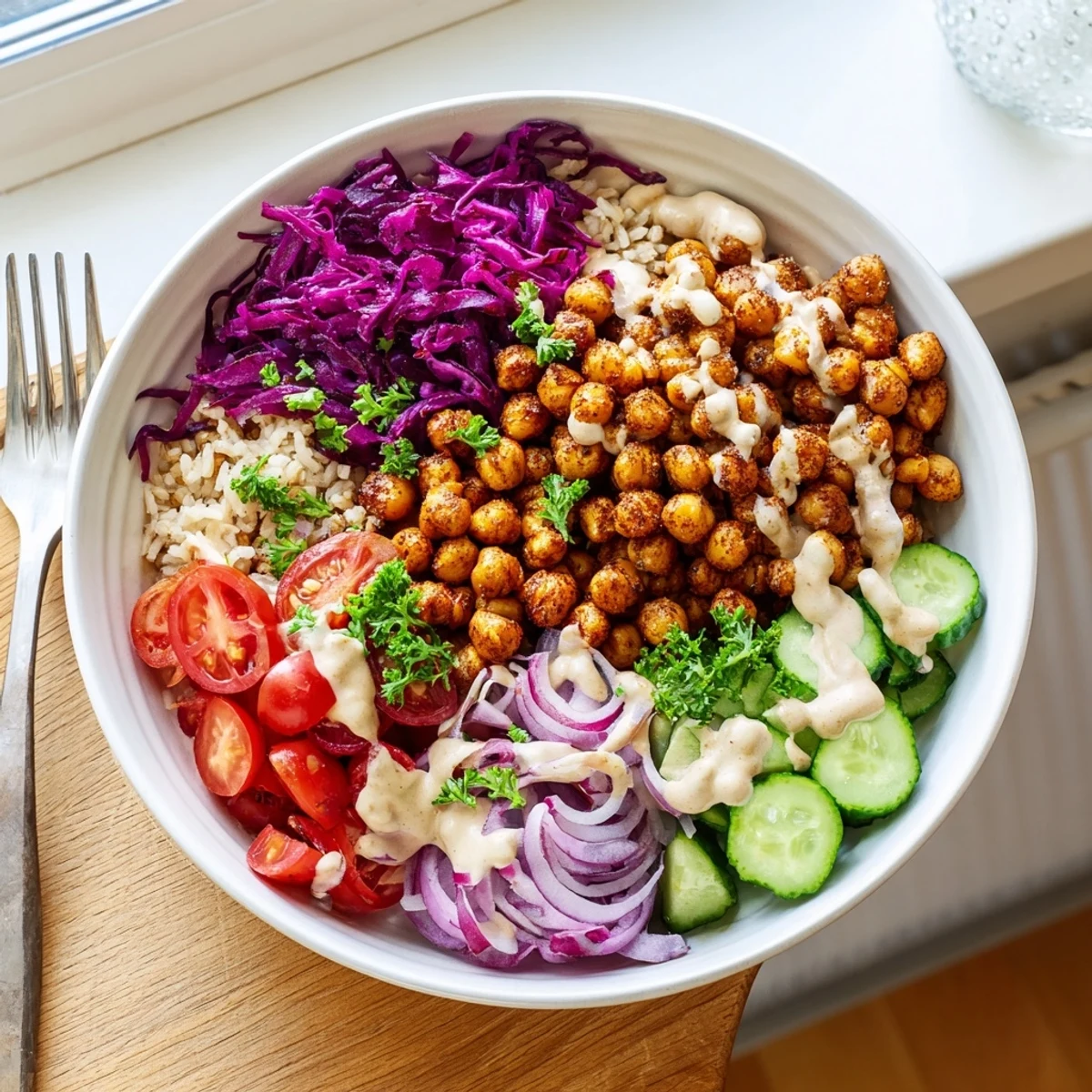 Steaming chickpea shawarma bowl with roasted spices crisp cucumbers and tangy pickled cabbage