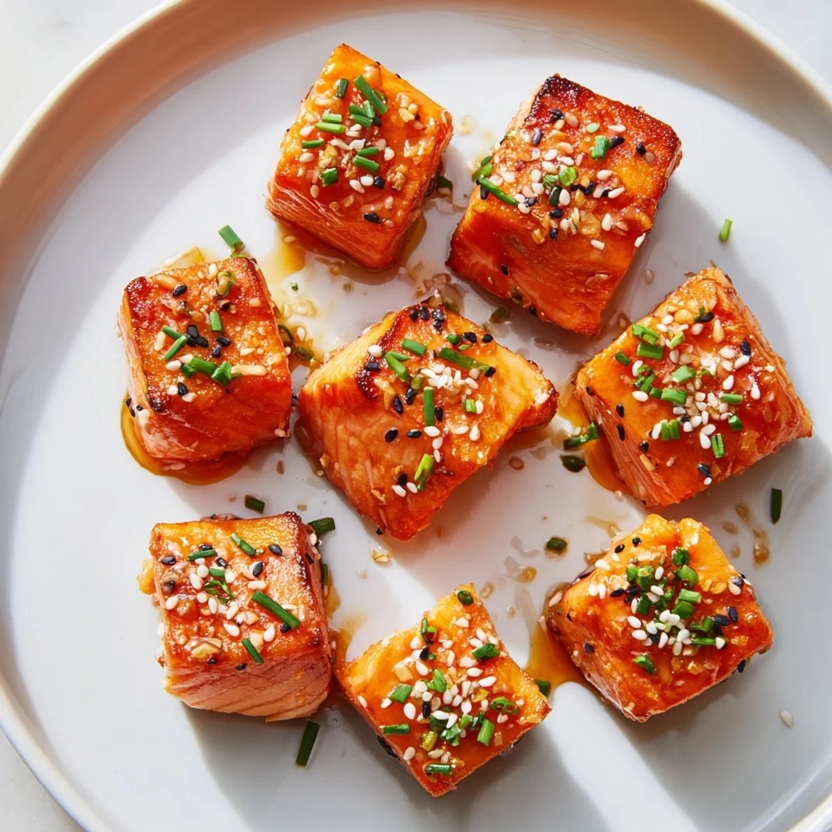 Caramelized hot honey salmon bites glistening with a sticky, golden chili glaze on a baking sheet.