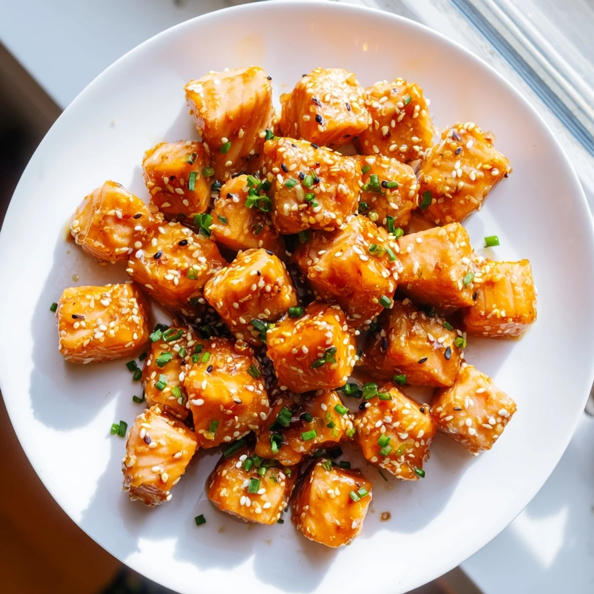 Crispy-edged hot honey salmon bites topped with sesame seeds and bright green chives on a platter.