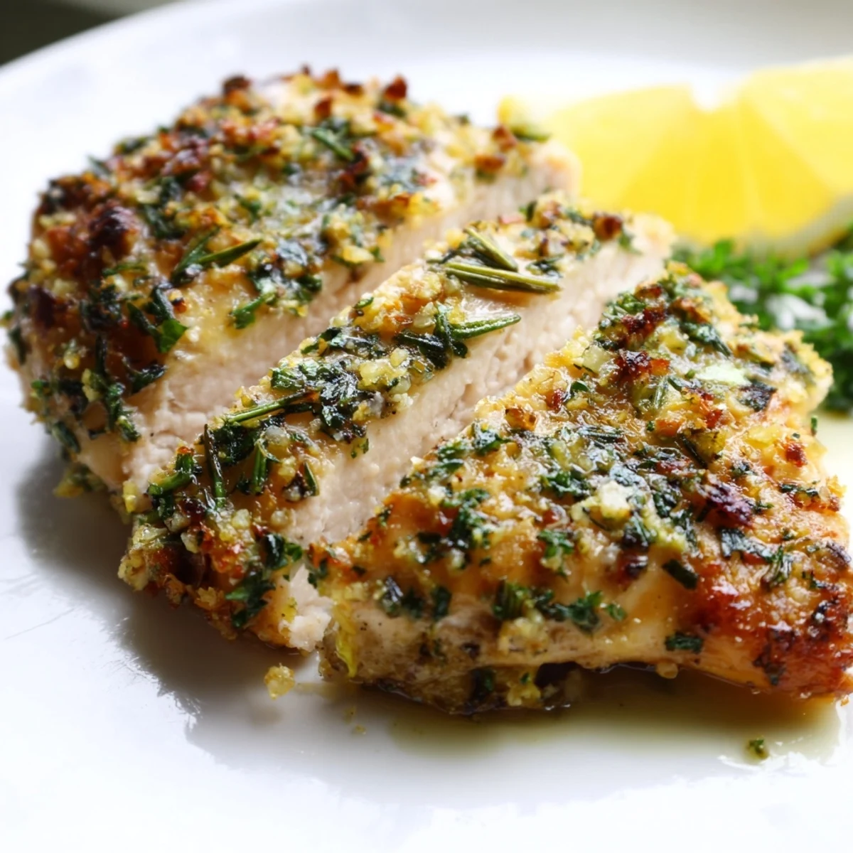 Golden roasted savory garlic herb chicken with crispy edges and fresh parsley garnish