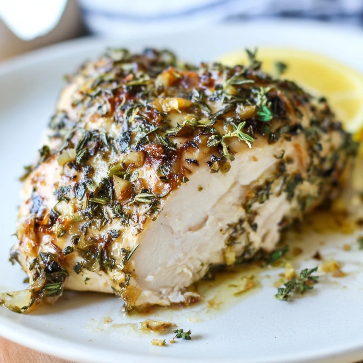 Tender savory garlic herb chicken drizzled with pan juices on a white platter