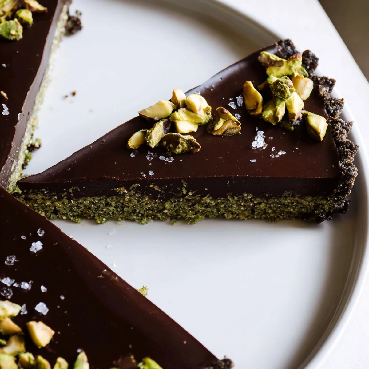 Silky dark chocolate ganache filling inside a buttery pistachio crust tart sliced beautifully