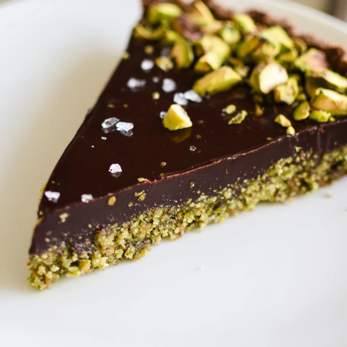 Dark Chocolate Pistachio Tart with glossy ganache topped with crushed green pistachios
