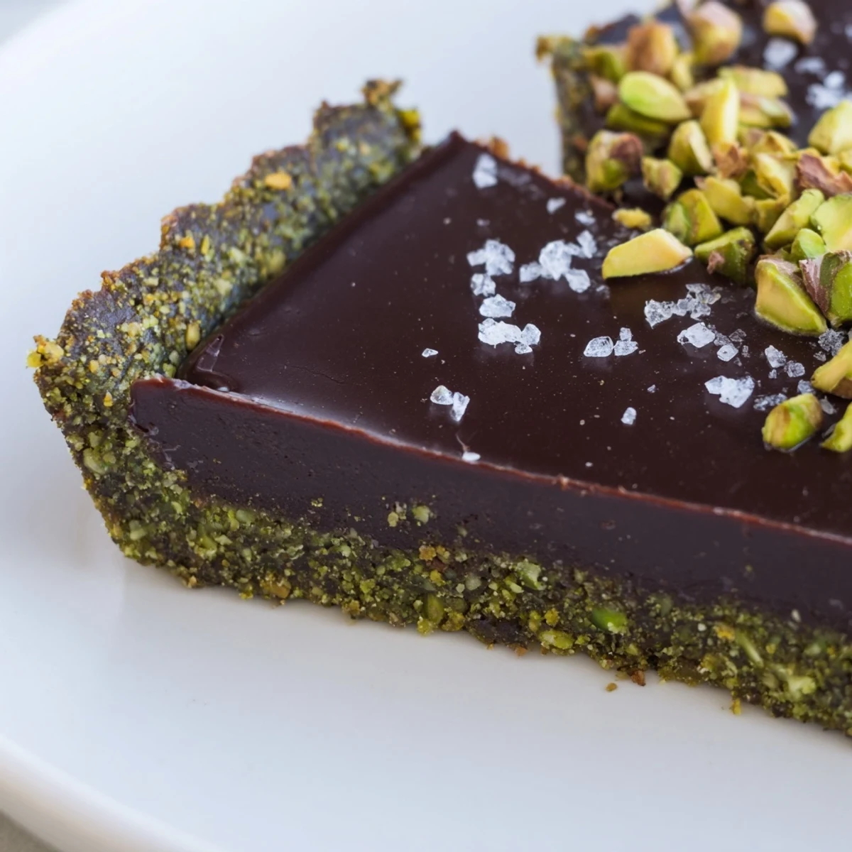 Elegant Dark Chocolate Pistachio Tart garnished with chopped nuts and flaky sea salt