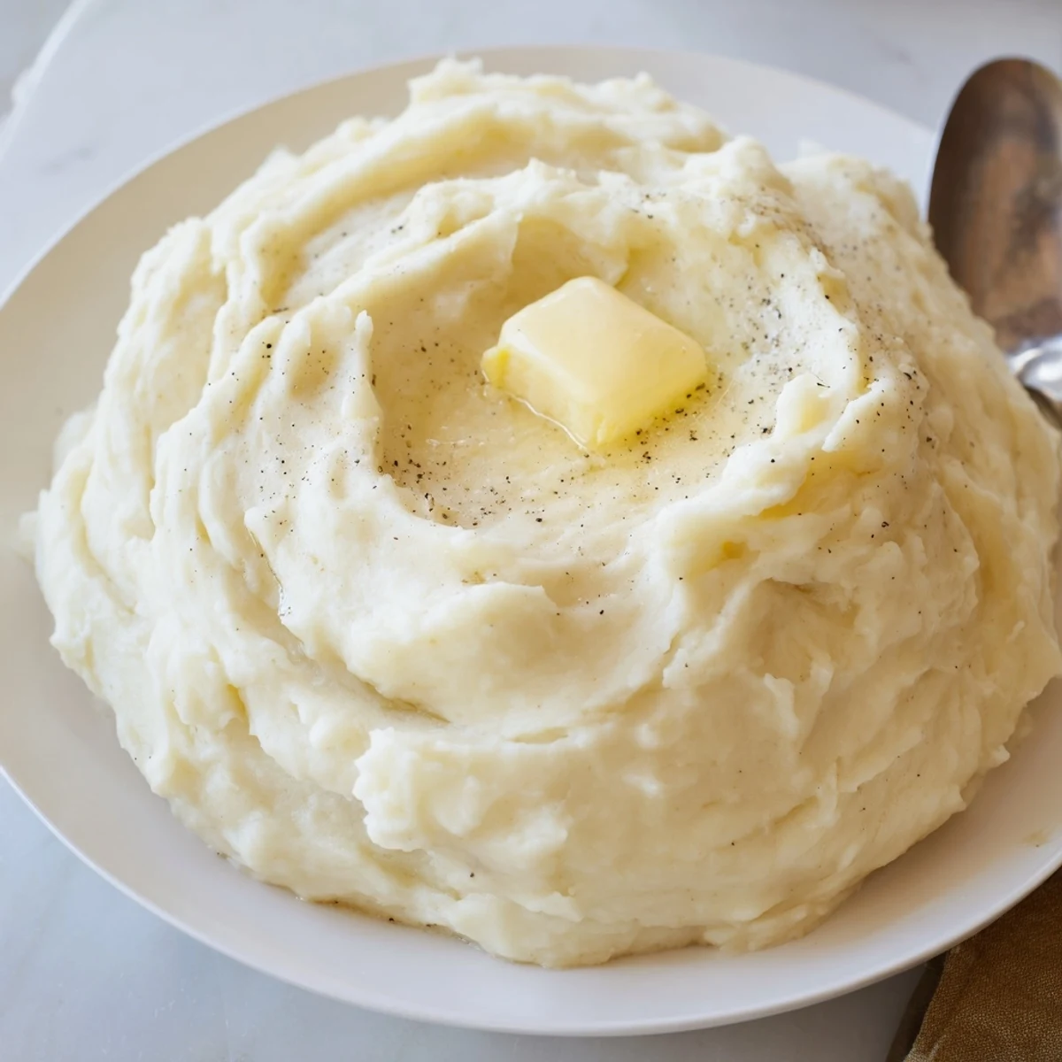 Velvety mashed potatoes swirled with melted butter in a warm ceramic serving bowl