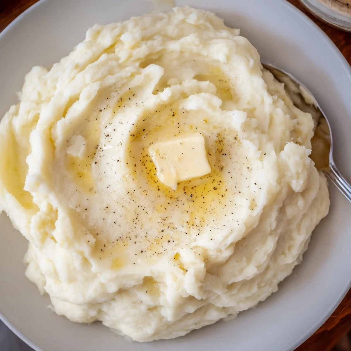 Creamy velvety mashed potatoes piled high and garnished with cracked black pepper
