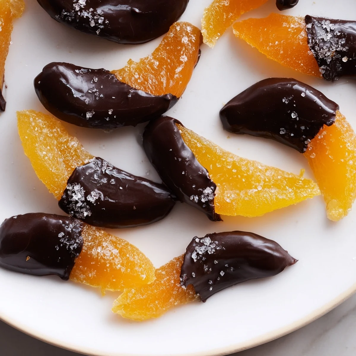 Glistening chocolate covered orange peels arranged on parchment paper for homemade gifting