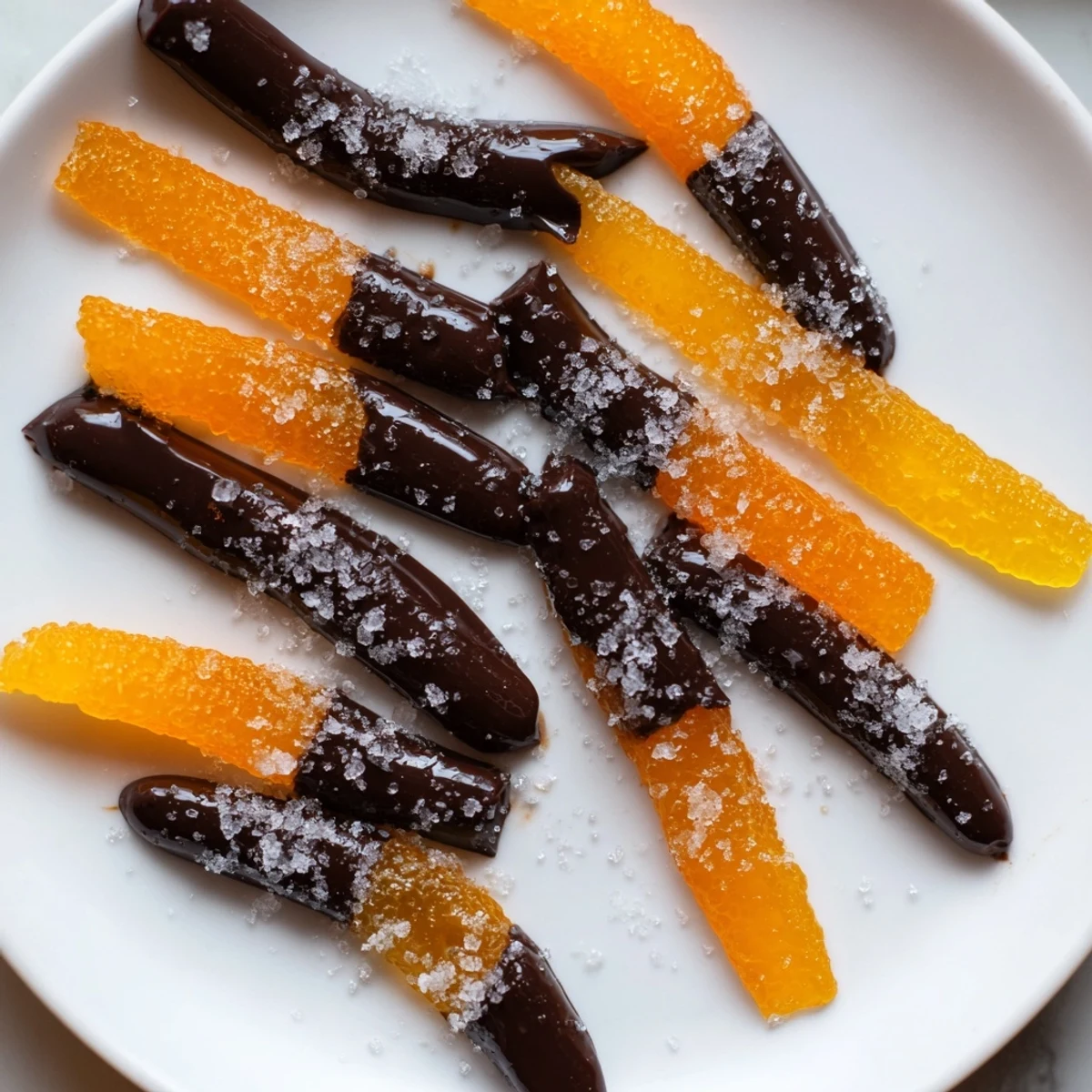 Candied citrus strips half-dipped in dark chocolate topped with flaky sea salt