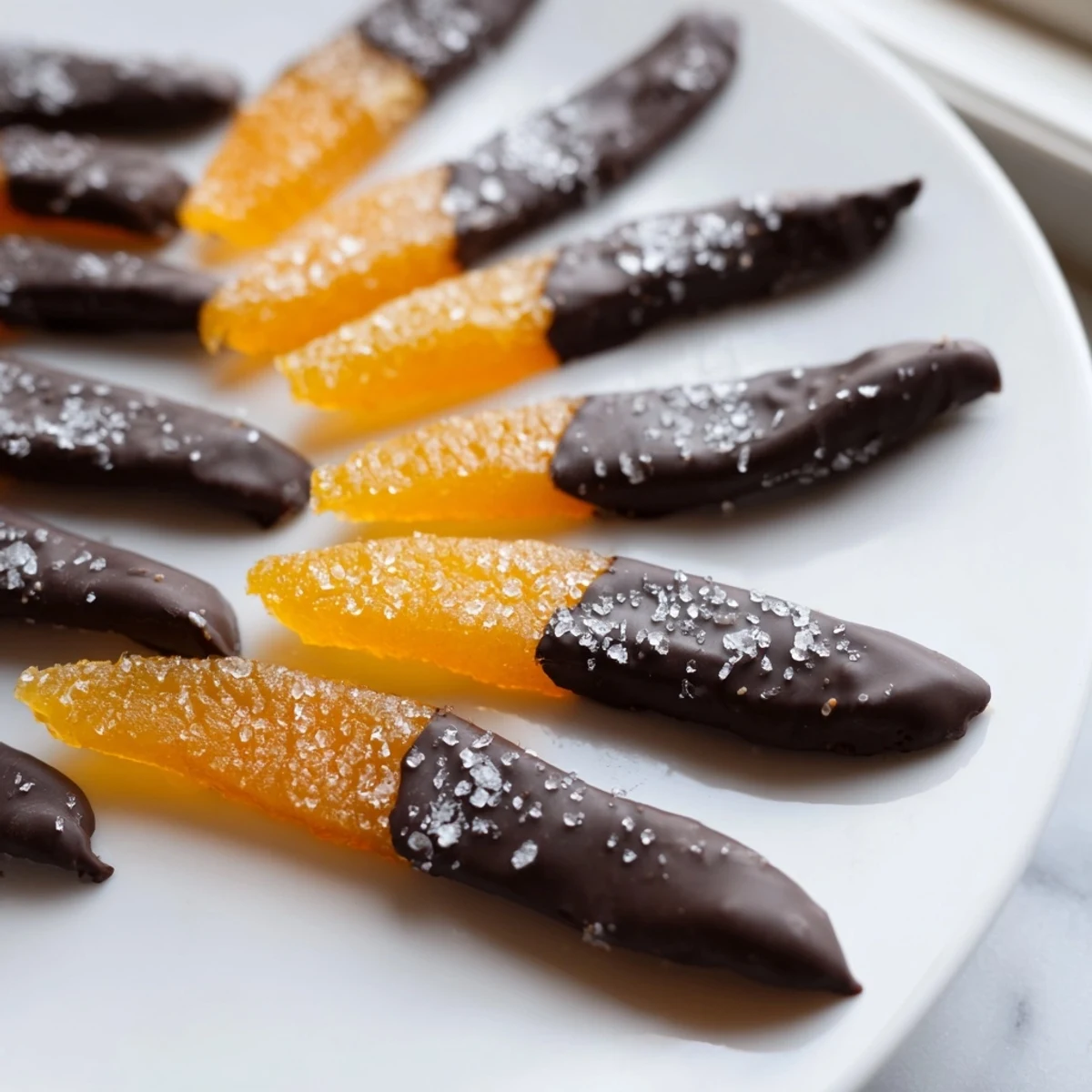 Translucent chocolate covered orange peels draped over a wire cooling rack at home
