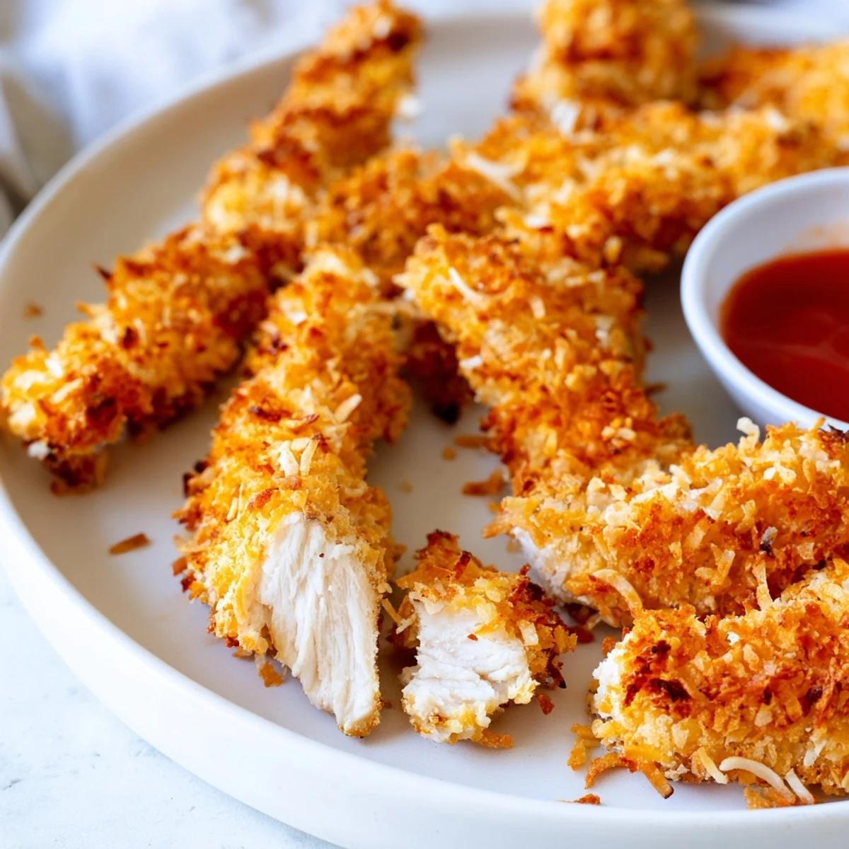 Crispy coconut chicken tenders arranged on a plate with mango chutney