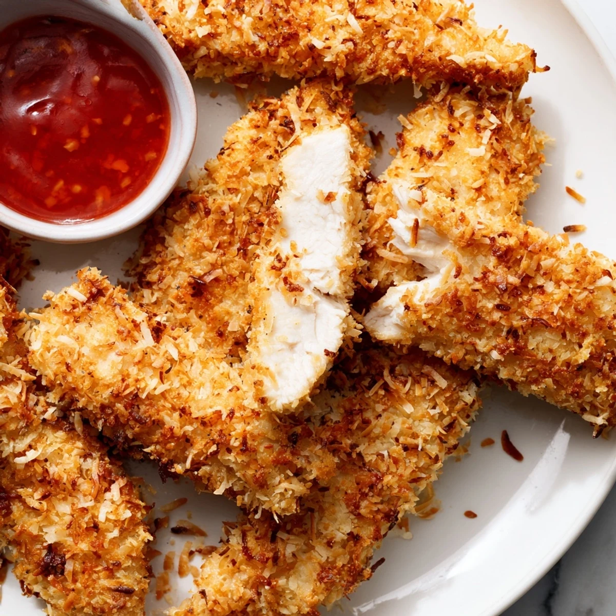 Golden crunchy coconut chicken strips served hot with sweet chili dipping sauce