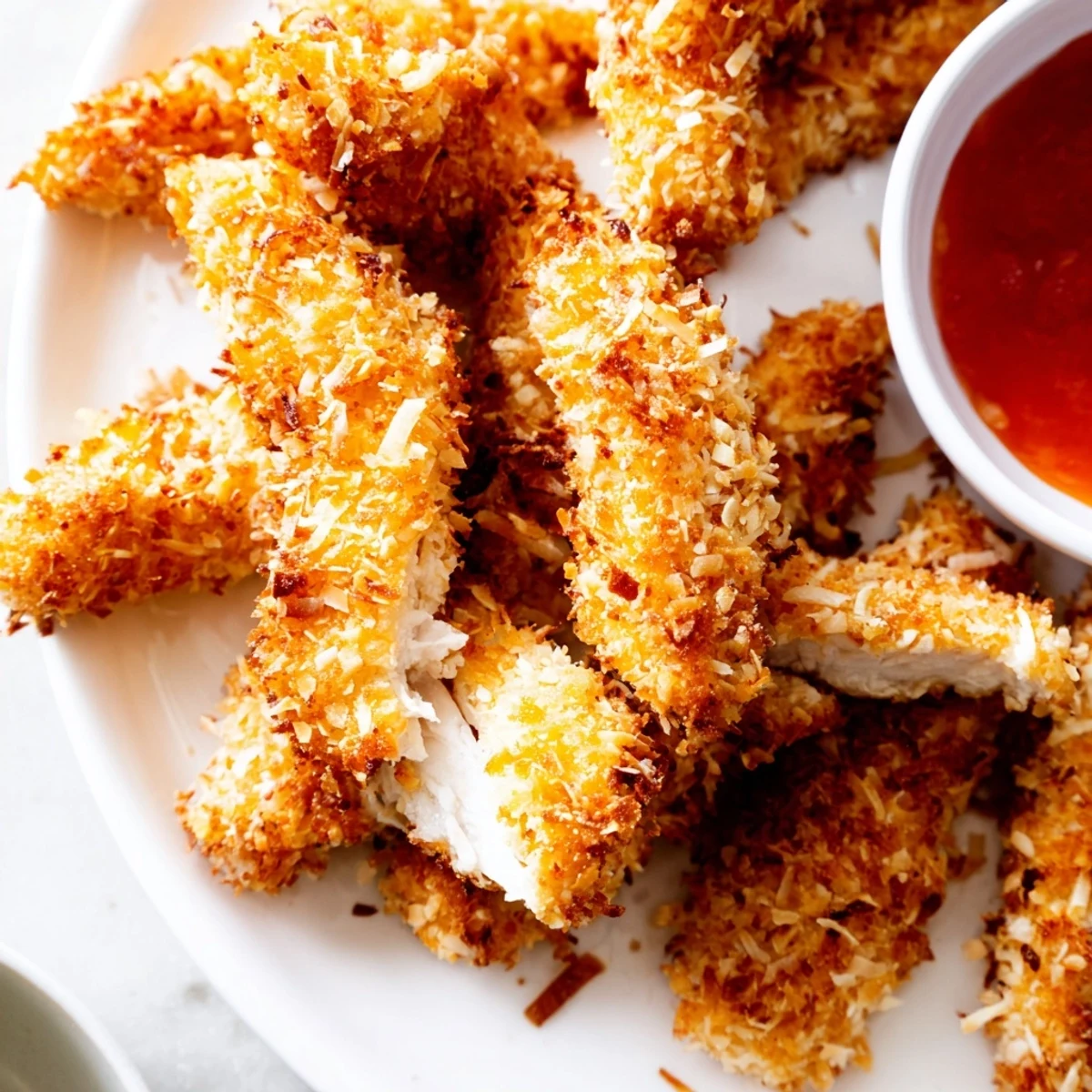 Crunchy coconut chicken fresh from the oven with a golden toasted crust