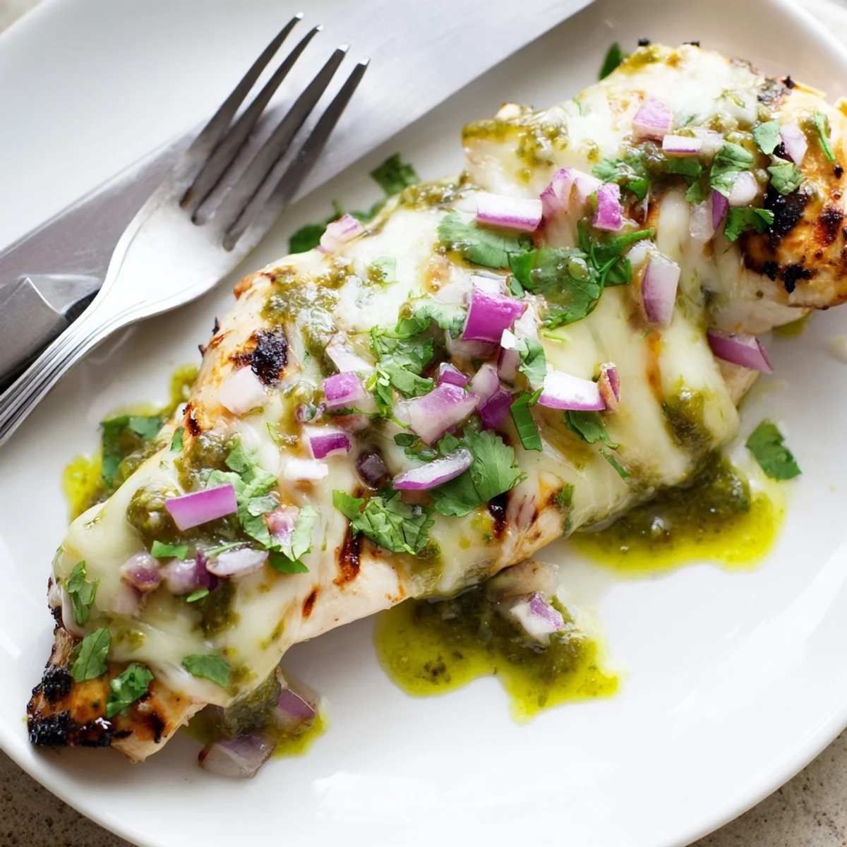 Juicy grilled chicken smothered in melted Pepper Jack cheese and vibrant salsa verde