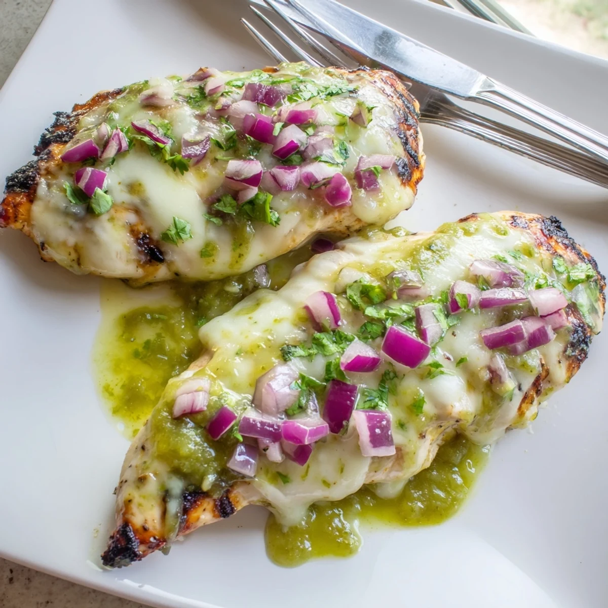 Cheesy grilled salsa verde pepper jack chicken garnished with fresh cilantro and lime wedges