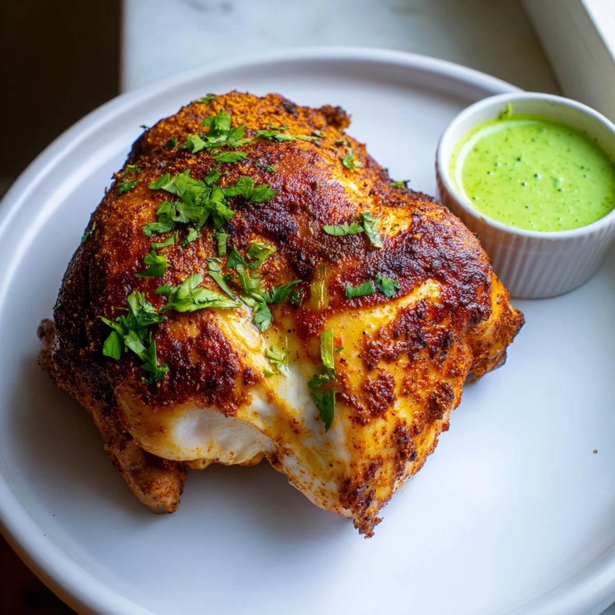 Golden Peruvian chicken delight with crispy skin served alongside creamy green sauce