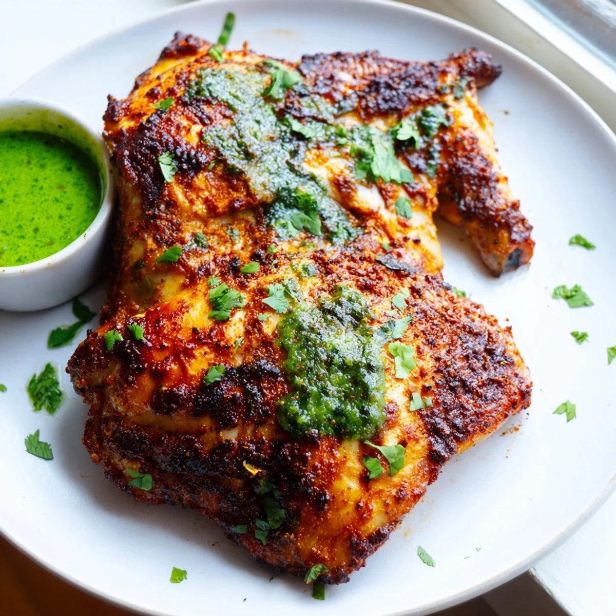 Juicy Peruvian chicken delight fresh from the oven with vibrant cilantro aji verde