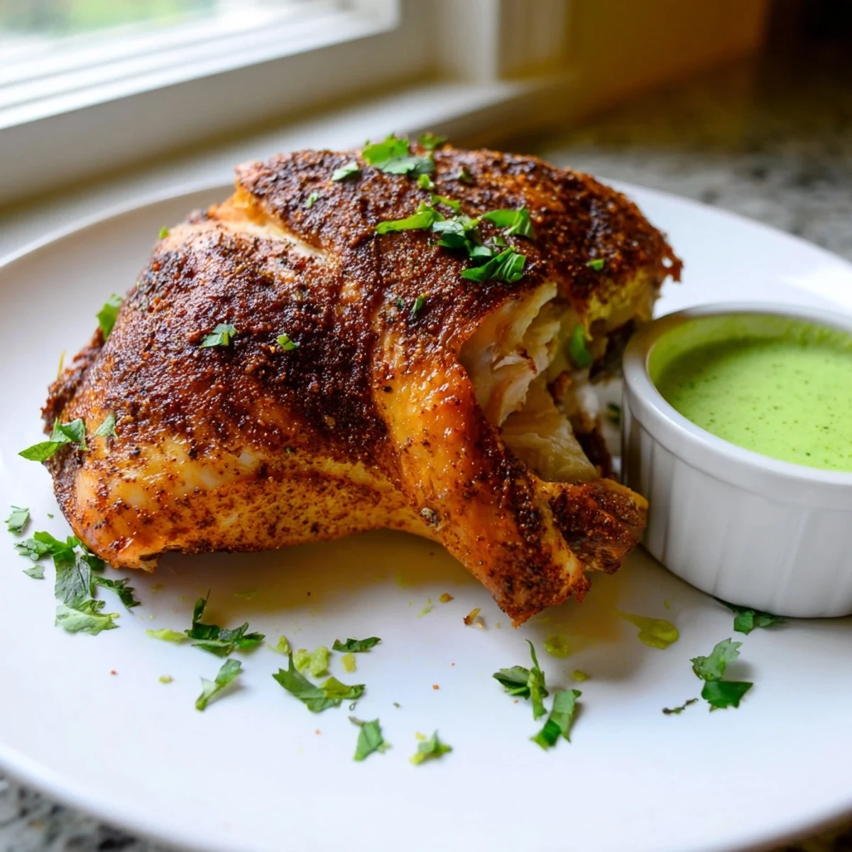 Savory Peruvian chicken delight carved on a wooden board with bright green sauce