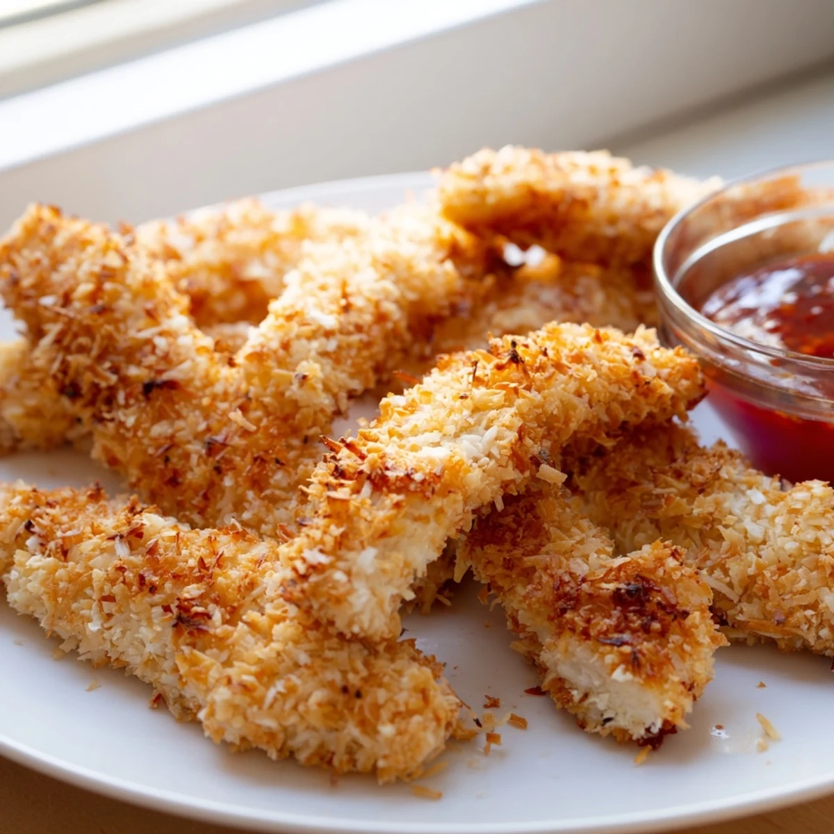 Golden crunchy coconut chicken strips fresh from the skillet with crispy edges