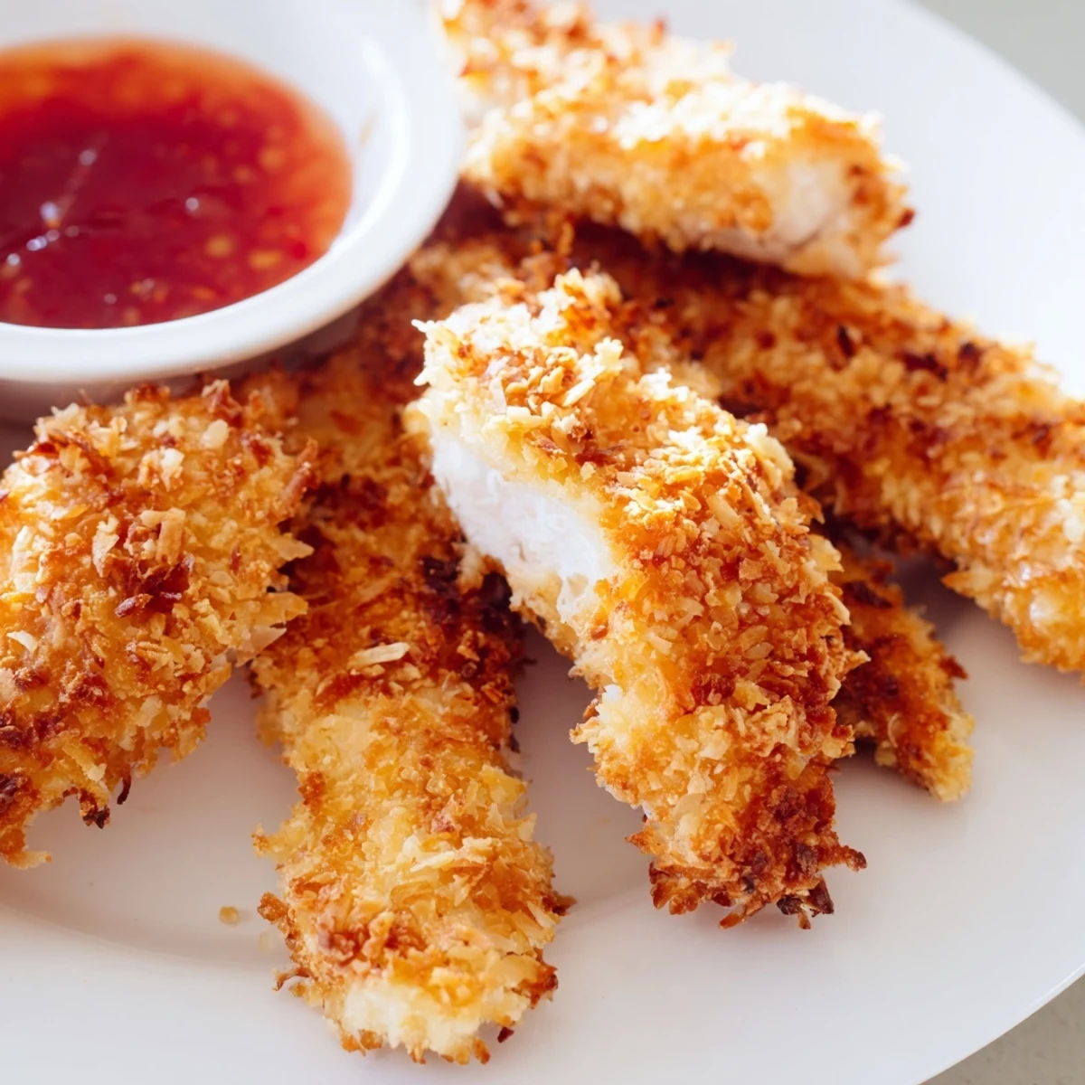 Crispy coconut chicken tenders arranged on a platter beside sweet chili dipping sauce