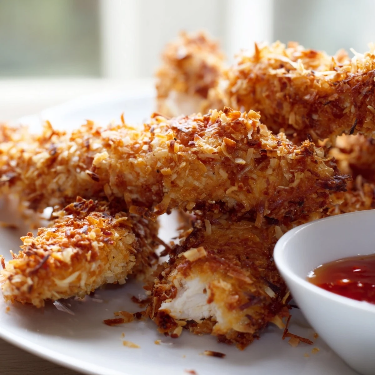 Juicy crunchy coconut chicken bites with a toasted coconut crust served piping hot